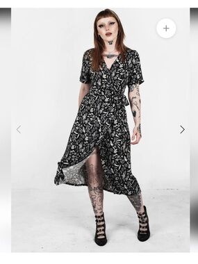 Disturbia Earth Magick black moths & mushrooms wrap midi dress 6